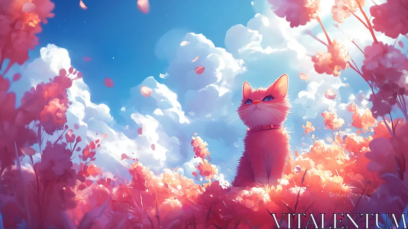 Cat in Field of Blossoms Against Sky and Clouds