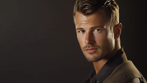 Photorealistic male portrait in low-key studio lighting.
