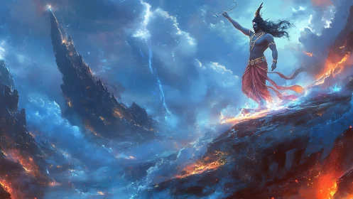 Storm deity commanding burning sky over jagged peaks.