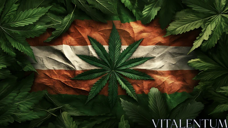 Cannabis leaf overlays weathered tricolor flag background