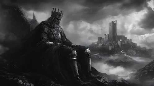 Melancholic armored king surveys distant storm-laden citadel