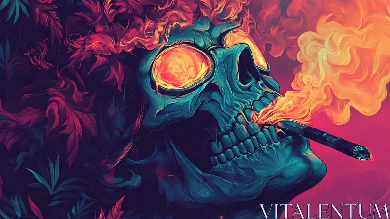 Flaming skull daydream in swirling neon smoke and shadow.