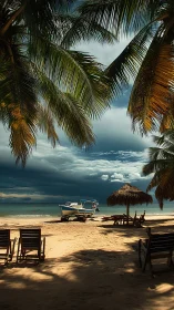 Tropical Coastal Paradise: Seaside Escape Beneath Palm Canopy.
