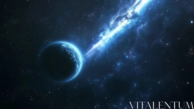 Planet lit by blue nebula stream in deep star field