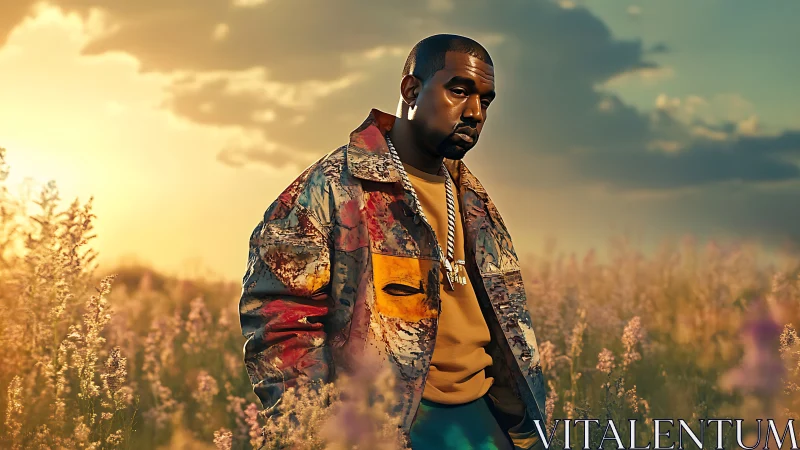 Man stands in floral field at sunset wearing patterned jacket
