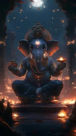 Digital painting of luminous Ganesha in ritual temple space.