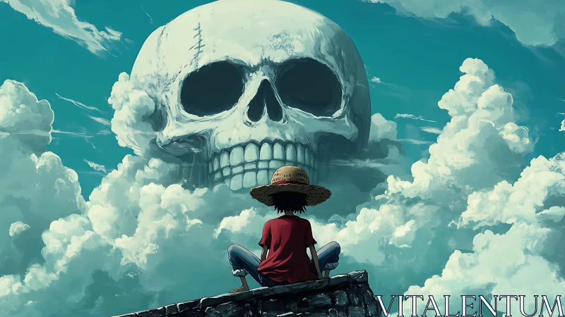 Skyward skull-shaped cloud looming above lone dreamer.