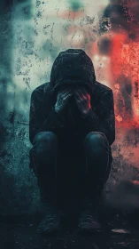Hooded person crouches against worn wall in moody lighting