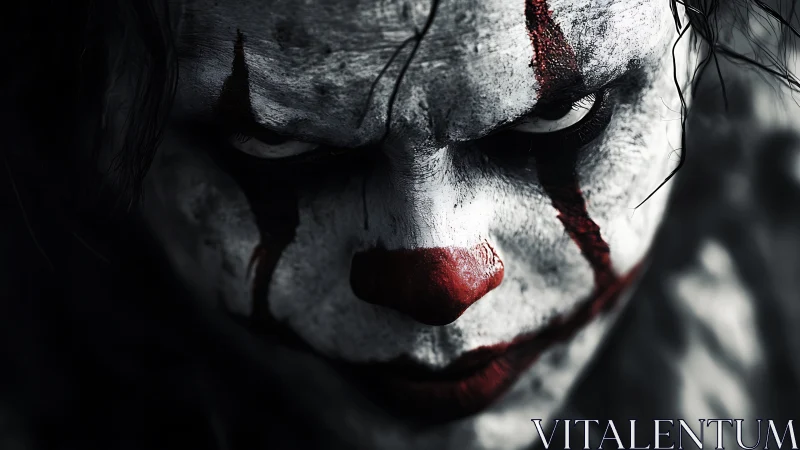 Close-up portrait of white-faced clown in dark setting.