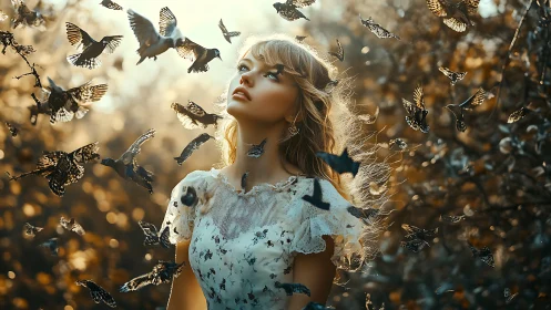 Ethereal woman amid swirling birds in golden woodland light.