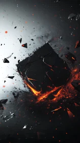 3D fractured obsidian cube with molten core and radial shatterfield.