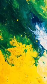 Green and yellow abstract acrylic with white accent plume.