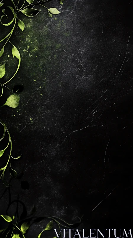 Green vines curl over a textured black backdrop with grit