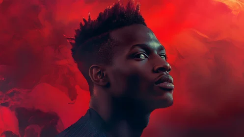 Side profile portrait against abstract red background.