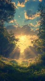 Sunlit woodland meadow opening into a golden sky portal.
