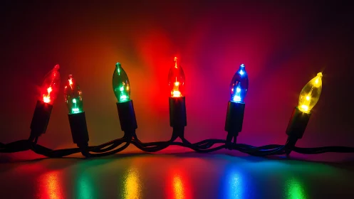 Multicolor string lights on reflective surface in darkness.