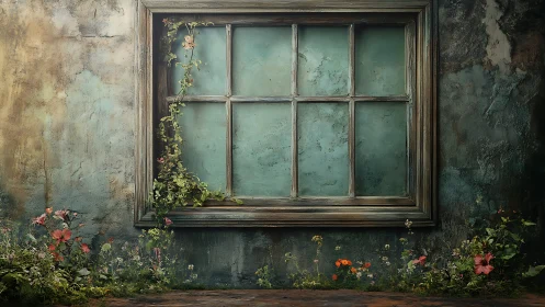 Weathered window frame on aged wall with ground flowers.