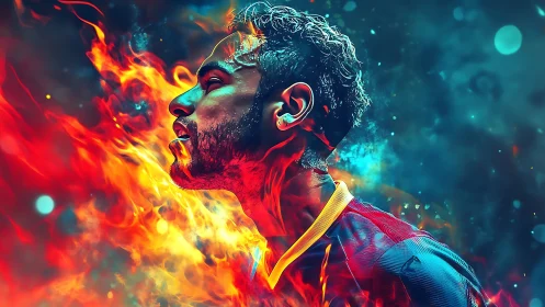 Fiery digital portrait of intense male soccer player profile.