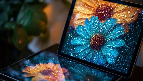 Two tablet displays show high-resolution flower macro images