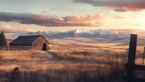Sunlit country barn opening onto peaceful mountain plains.