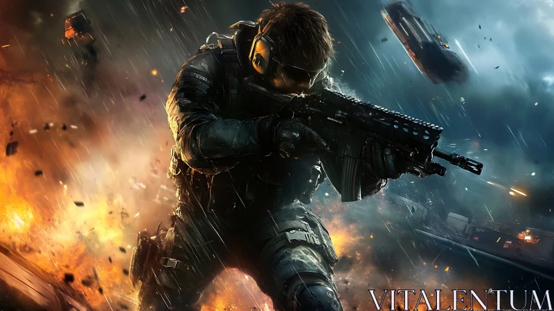 Ballistic operator advancing through high-energy urban detonation.