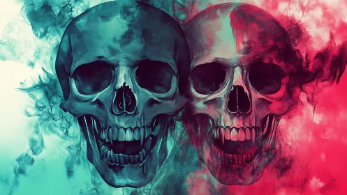 Bichromatic smoke-wreathed skull duo in vivid spectral contrast.