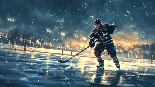 Hockey player skating on stormy outdoor rink at dusk.