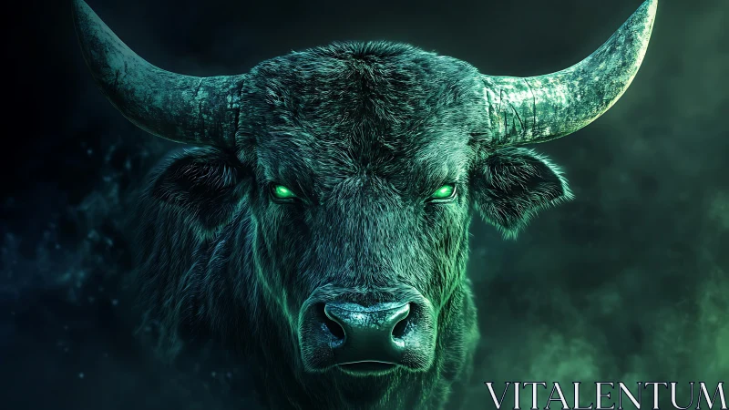 Mystic green-eyed bull emerging from swirling midnight mist.