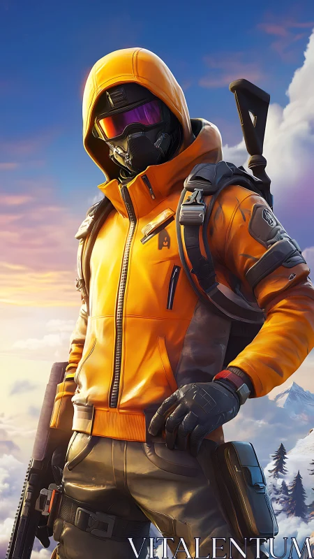Hooded tactical operative in orange jacket dominates alpine skyline