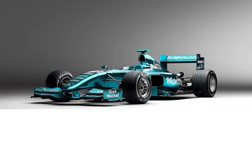 Teal Formula racing car with slick tires under neutral studio lighting