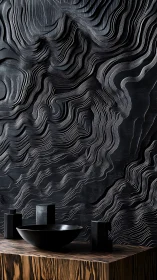 Sculpted black relief wall frames minimalist vessel on wood
