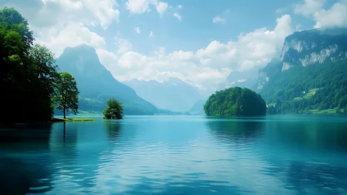 Mountain lake with forested shores under scattered clouds.