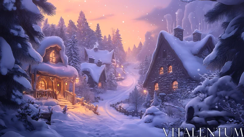 Snowy village glows warmly under a dreamy winter sunset