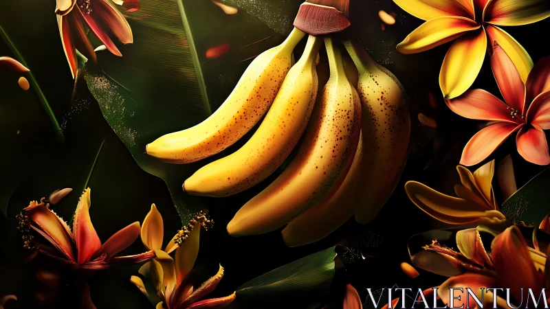 Digital still life of bananas with tropical floral composition.