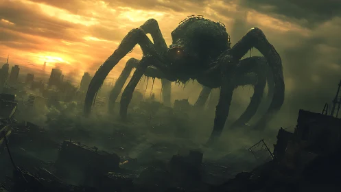 Colossal biomech spider eclipses a ruined post-apocalyptic cityscape