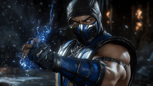 3D cinematic warrior portrait with dynamic icy energy burst.