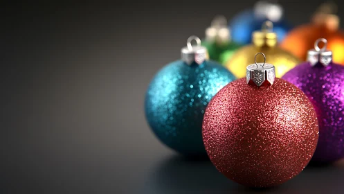 Glitter-coated Christmas baubles under shallow depth-of-field lighting