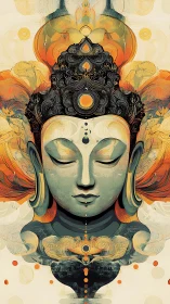 Buddha portrait glows within symmetrical lotus mandala form.