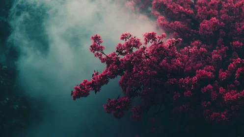 Velvety pink blossoms glow gently against swirling forest mist