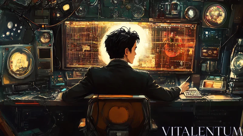 Night shift coder at a glowing retro-future control desk.