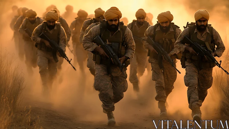 Armed soldiers in turbans advance through dusty terrain.