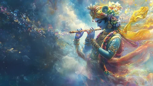 Divine blue musician shapes cosmos with luminous flute song.