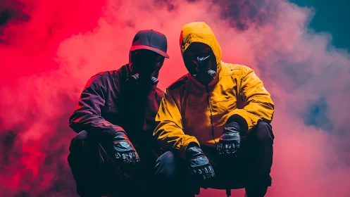Dual masked figures in chromatic smoke, high-contrast staging.