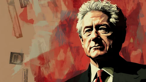 Stylized older man portrait over abstract money collage.