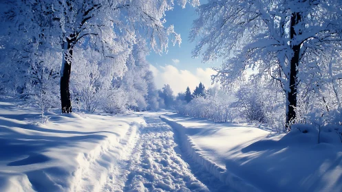 Snowy forest path glows softly under clear winter daylight
