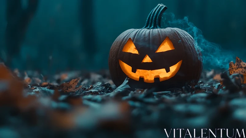 Midnight jack o’lantern grins through swirling forest fog