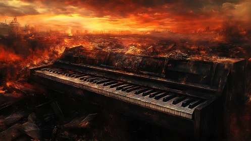 Burned upright piano stands in glowing post-apocalyptic ruins