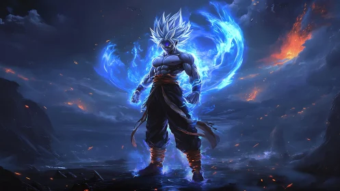 Celestial energy warrior with blue aura in volcanic wasteland