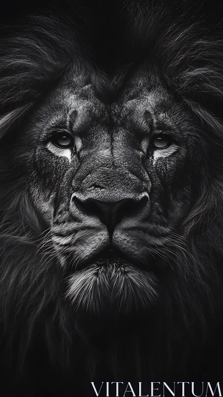 Monochrome frontal portrait of mature male lion in chiaroscuro