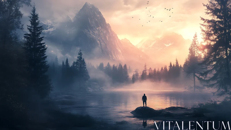 Solitary figure stands beside misty alpine lake at sunrise